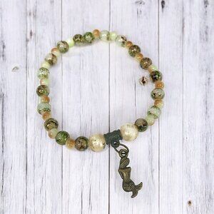 Mermaid Charm Stretch Bracelet Semi Precious Stones White Green Orange OS